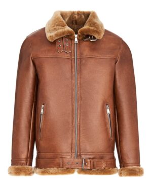 Kożuch męski w kolorze brązowym z futrzanym kołnierzem i paskiem w talii