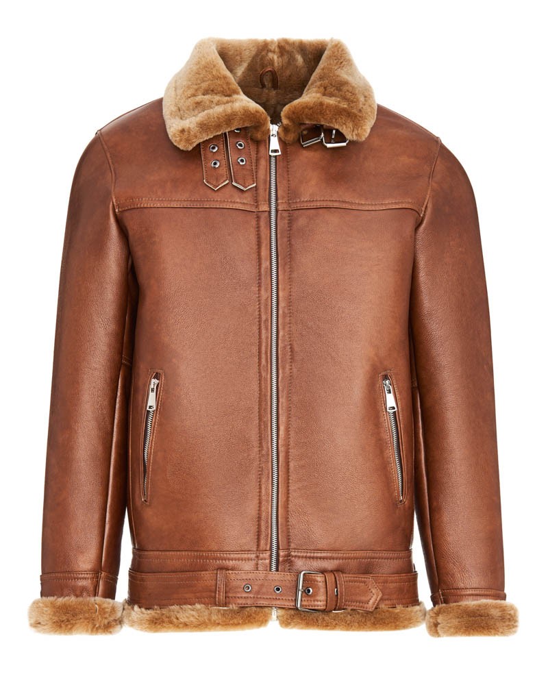 Kożuch męski w kolorze brązowym z futrzanym kołnierzem i paskiem w talii