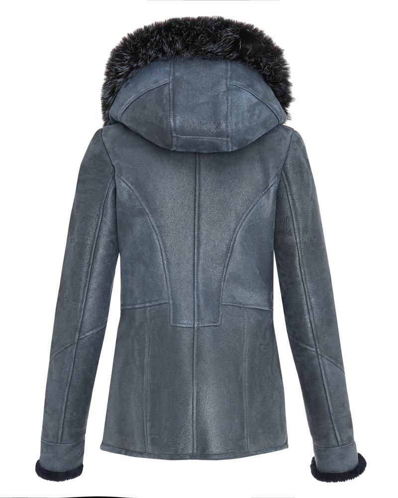 Kożuch damski w szarym kolorze z kapturem i futrzanym wykończeniem na kołnierzu