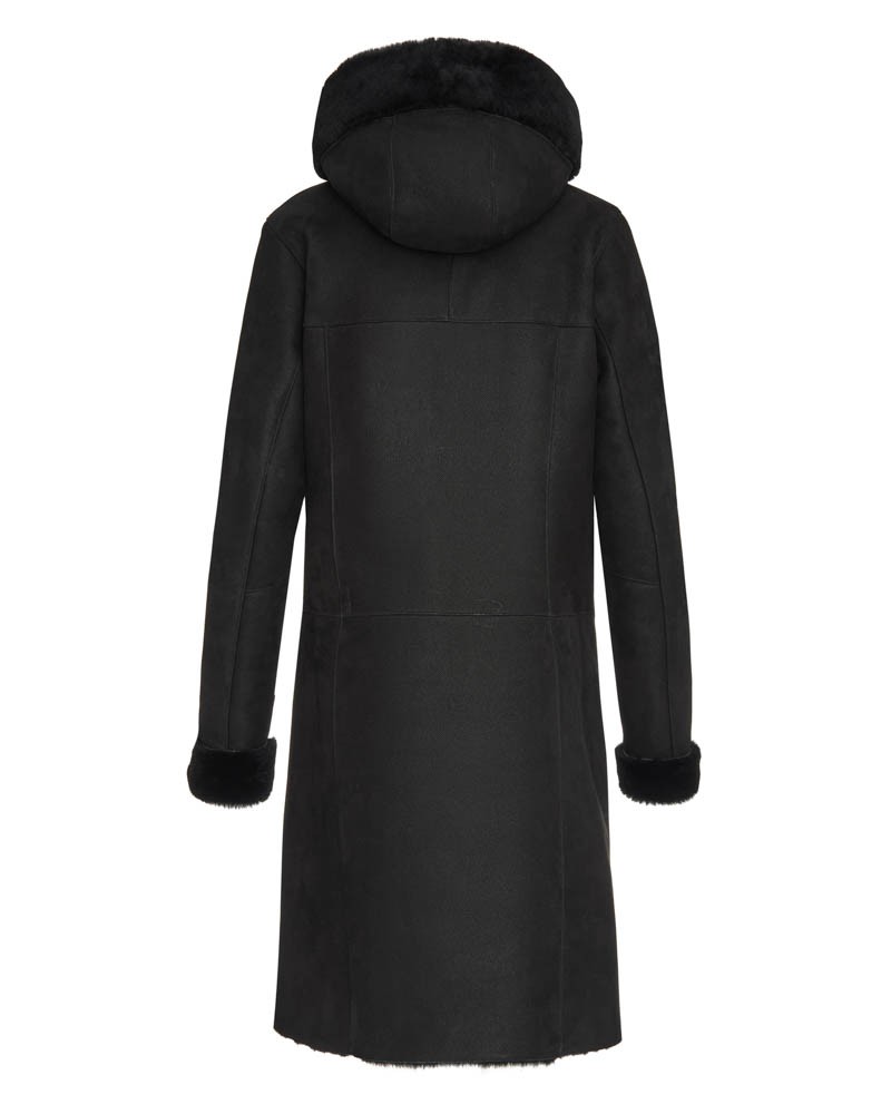 Czarny kożuch damski z kapturem i futrzanym wykończeniem, prosty krój, idealny na zimowe dni