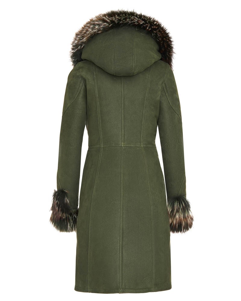 Kożuch damski w kolorze oliwkowym z kapturem i futrzanym wykończeniem rękawów