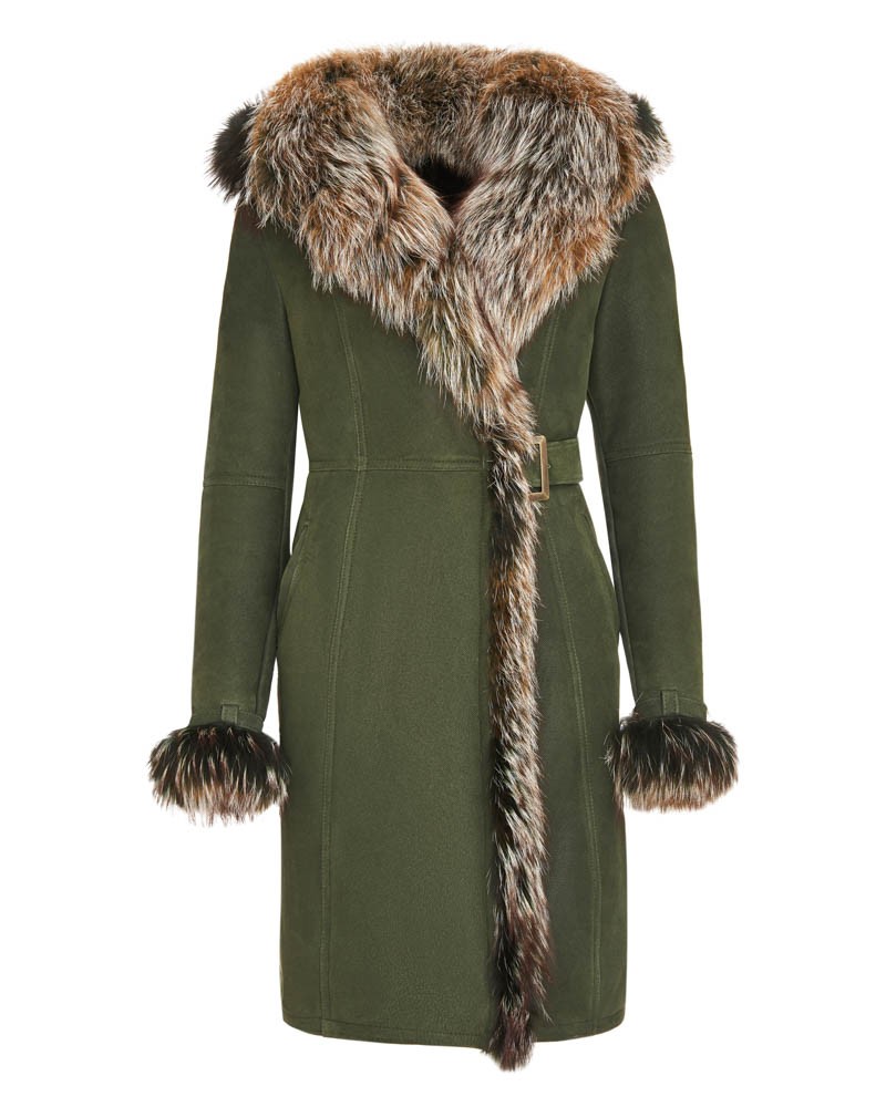 Kożuch damski w kolorze khaki z futrzanym kołnierzem i rękawami, zapinany na pasek