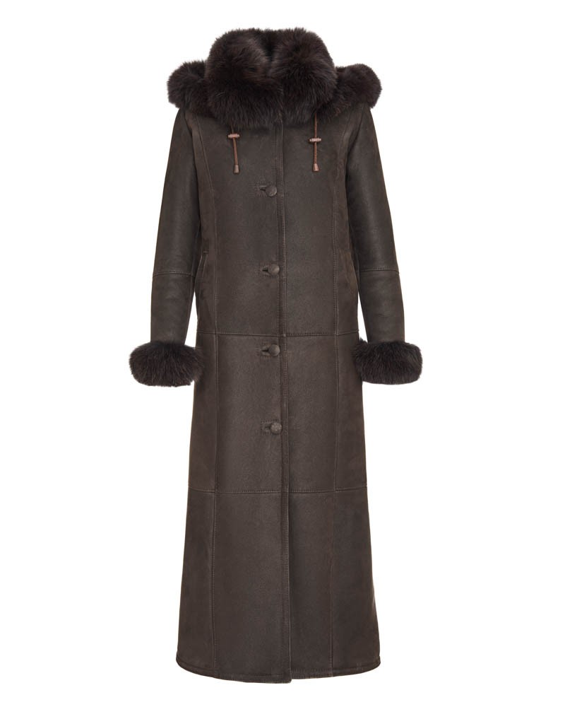 Kożuch damski w kolorze ciemnego brązu z futrzanym kołnierzem i długim krojem, z guzikami i ściągaczem