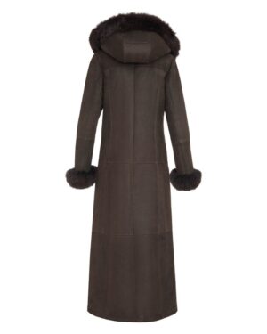 Kożuch damski w ciemnym odcieniu brązu z kapturem i futrzanymi mankietami