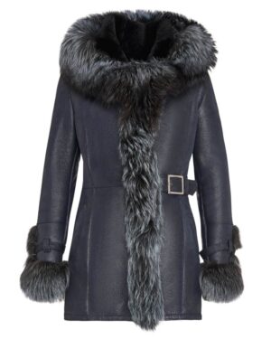Kożuch damski w ciemnoniebieskim kolorze z futrzanym kołnierzem i paskiem w talii