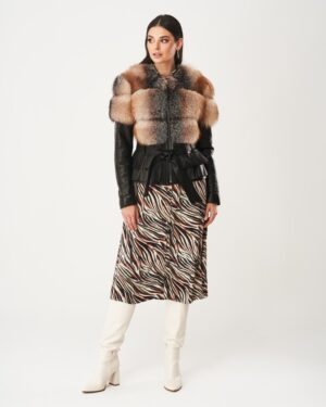 Kurtka skórzana damska z futrem, w odcieniach brązu, z paskiem w talii i eleganckim kołnierzem