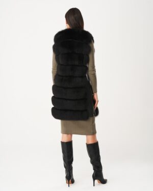 Kamizelka futrzana z naturalnego futra, czarna, z długim futrzanym kołnierzem i modnym krojem