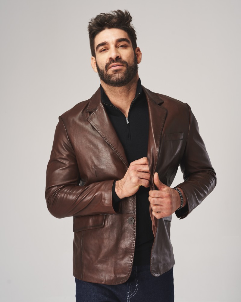 Marynarka skórzana z kołnierzem i kieszeniami, idealna na zimowe dni