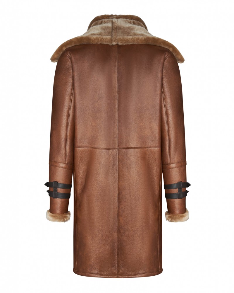 Kożuch męski w kolorze brązowym z futrzanym kołnierzem i detalami na rękawach