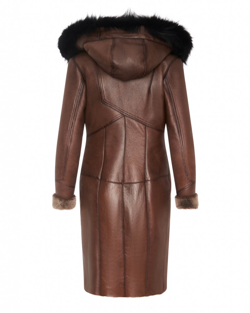 Kożuch damski z kapturem i futrzanym wykończeniem, dopasowany krój i eleganckie detale