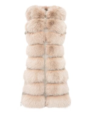 Kamizelka futrzana w odcieniu jasnego beżu, z efektownymi, puszystymi panelami i zamkiem błyskawicznym