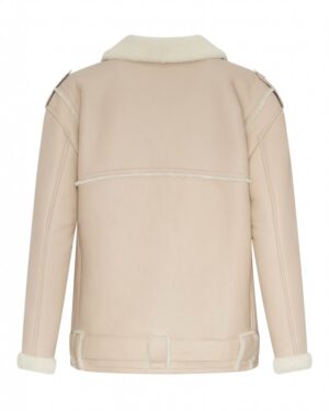 Kożuch damski w jasnym beżu z kołnierzem z futra i paskiem w talii