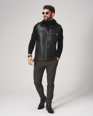 Kamizelka skórzana męska w kolorze czarnym z kołnierzem i zamkiem błyskawicznym