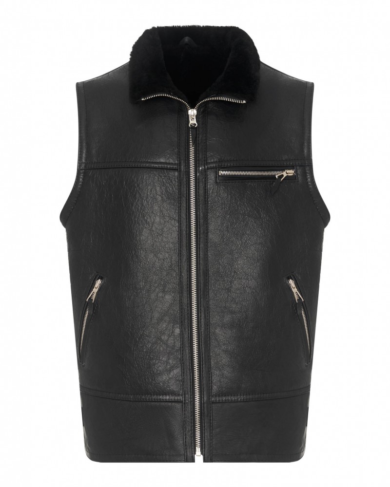 Kamizelka skórzana męska w kolorze czarnym z futrzanym kołnierzem i metalowym zamkiem błyskawicznym