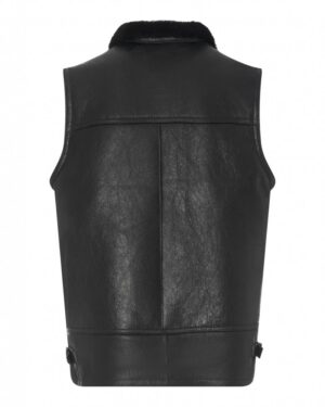 Kamizelka skórzana czarna z kołnierzem, bez rękawów, z regulowanym zapięciem na dole