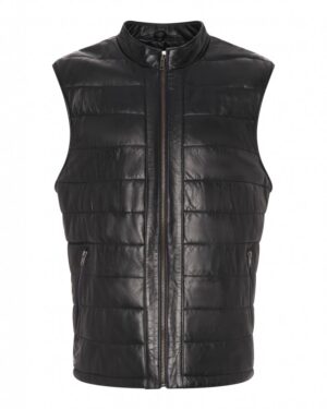 Kamizelka skórzana męska w kolorze czarnym, pikowana z wysokim kołnierzem i zamkiem błyskawicznym