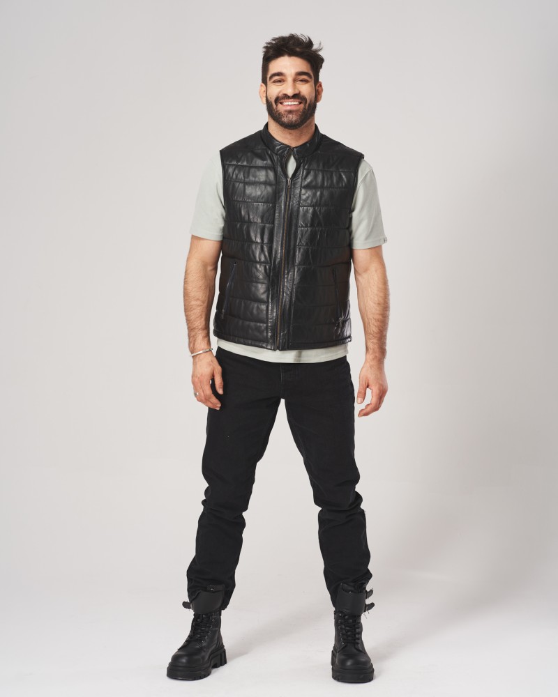 Kamizelka skórzana męska w kolorze czarnym, z zamkiem, prostym krojem i bez rękawów
