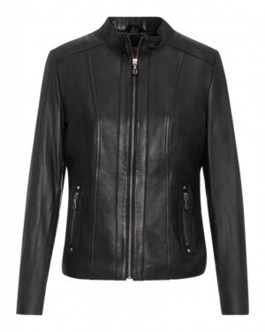 Kurtka skórzana damska w kolorze czarnym z zamkiem, długimi rękawami i kieszeniami na zamek