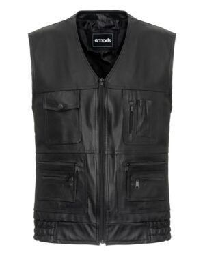 Kamizelka skórzana w kolorze czarnym z wieloma kieszeniami i zamkiem błyskawicznym