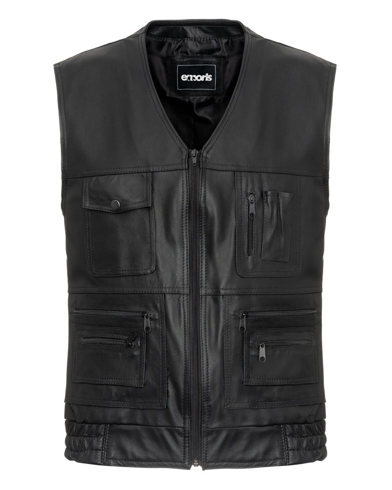 Kamizelka skórzana w kolorze czarnym z wieloma kieszeniami i zamkiem błyskawicznym