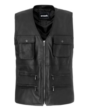 Kamizelka skórzana w kolorze czarnym z kieszeniami i zamkiem błyskawicznym z przodu