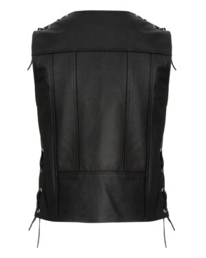 Kamizelka skórzana w kolorze czarnym, z ozdobnymi sznurkami po bokach i prostym krojem