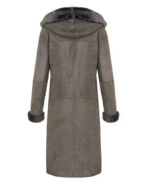 Kożuch damski w kolorze szarym, z kapturem i futrzanym wykończeniem przy rękawach