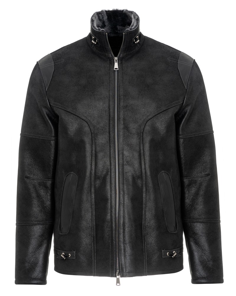 Kożuch męski z wysokim kołnierzem i zamkiem, z dodatkowymi kieszeniami na bokach