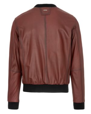 Bomberka skórzana w kolorze brązowym z elastycznym dołem i mankietami, z klasycznym kołnierzem i bez zapięcia