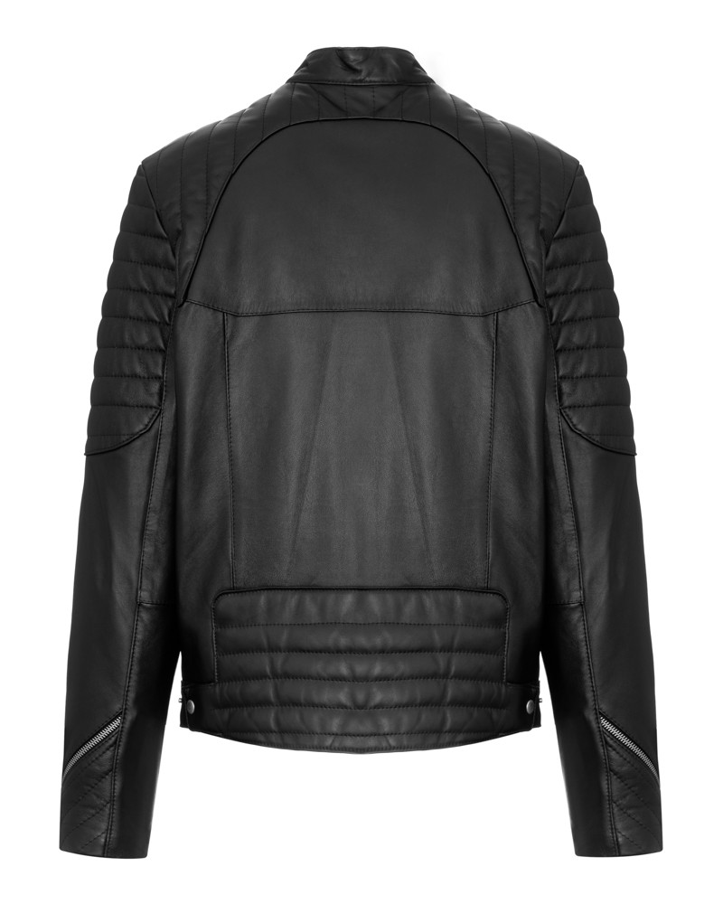 Kurtka skórzana męska w kolorze czarnym z pikowanymi rękawami i ozdobnym zamkiem na rękawie