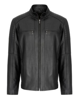 Kurtka skórzana męska w kolorze czarnym, z zamkiem, kieszeniami na suwak i pikowanymi detalami na ramionach