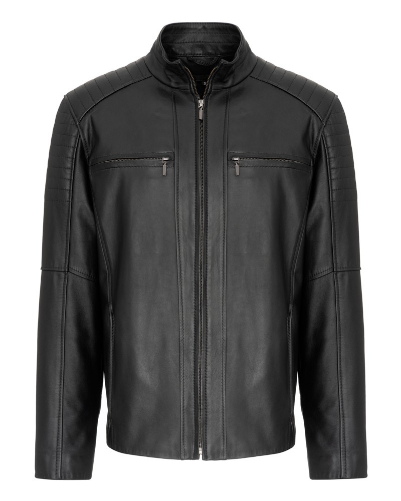 Kurtka skórzana męska w kolorze czarnym, z zamkiem, kieszeniami na suwak i pikowanymi detalami na ramionach
