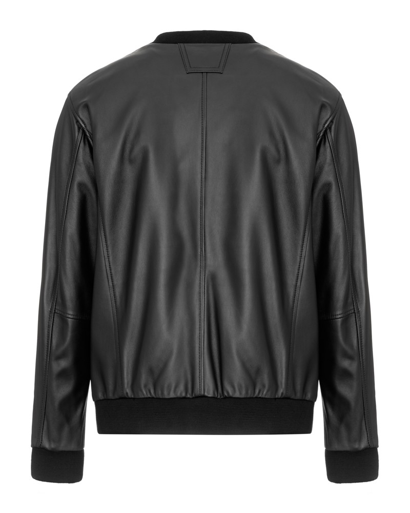 Czarna kurtka skórzana męska z elastycznym dołem i rękawami, gładka, klasyczny krój bez dodatkowych elementów