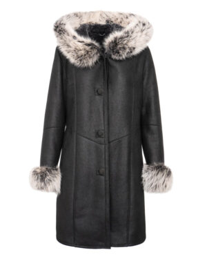 Kożuch damski w kolorze czarnym z futrzanym kołnierzem i mankietami, idealny na zimowe dni