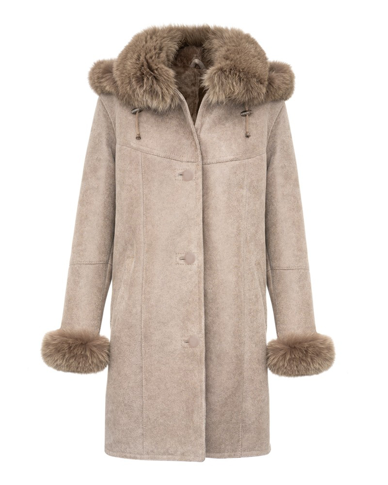 Kożuch damski w beżowym kolorze z futrzanym kołnierzem i mankietami, idealny na zimowe dni